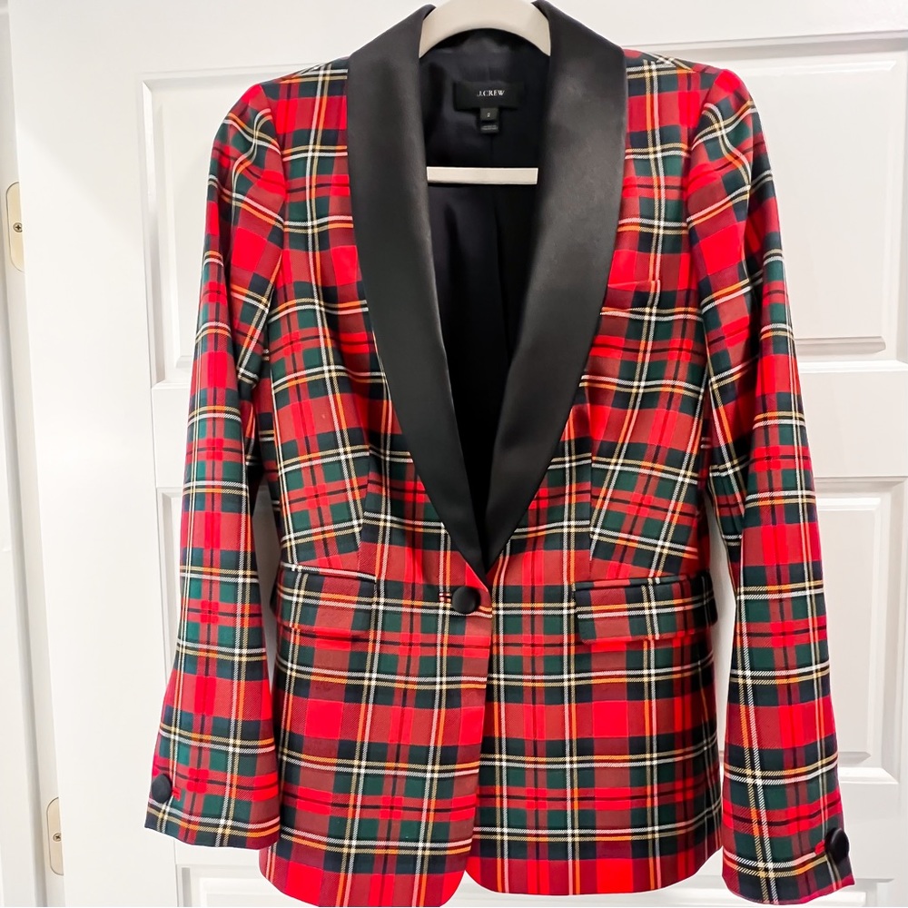J. Crew Women’s Holiday Plaid Blazer Jacket with Satin Style Lapel, Size 2